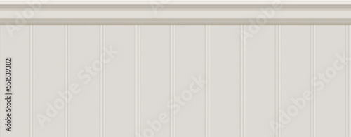 Beige beadboard or wainscot with top chair guard trim seamless pattern on white wall. Light wood or gypsum embossed baseboard or skirting under vintage wall panels. Vector illustration