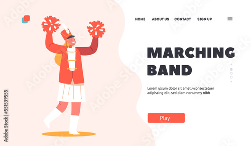 Marching Band Landing Page Template. Parade Celebration, Musician Girl Character Walking with Pompons during March