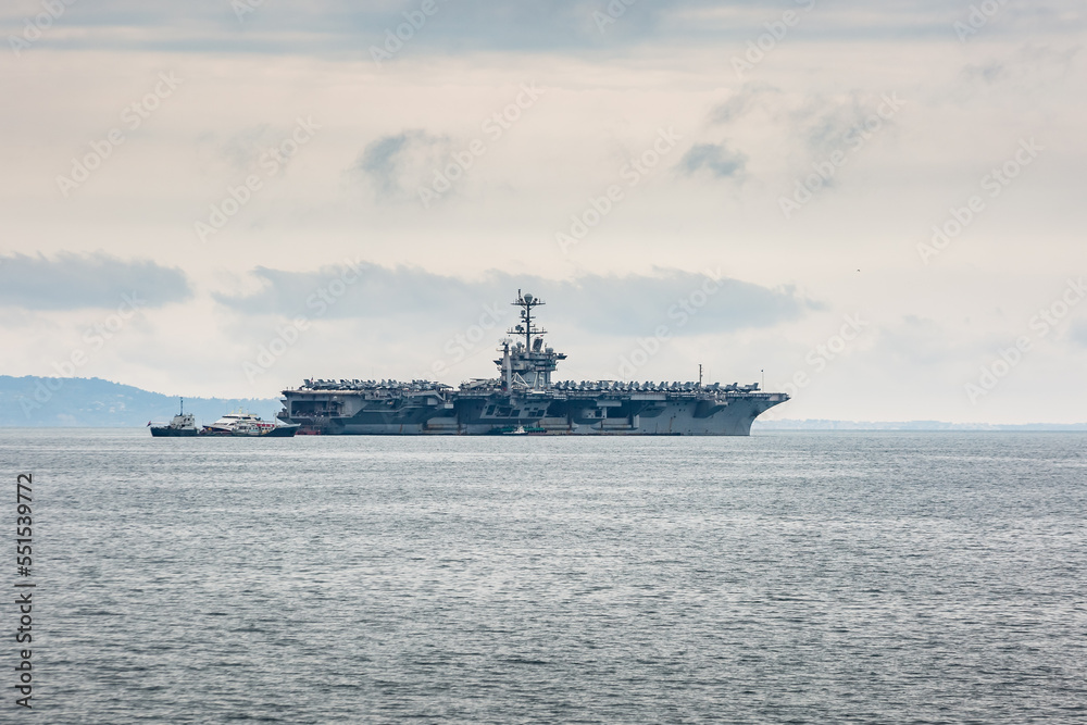 View of military ship in Adriatic sea near Trieste, Italy