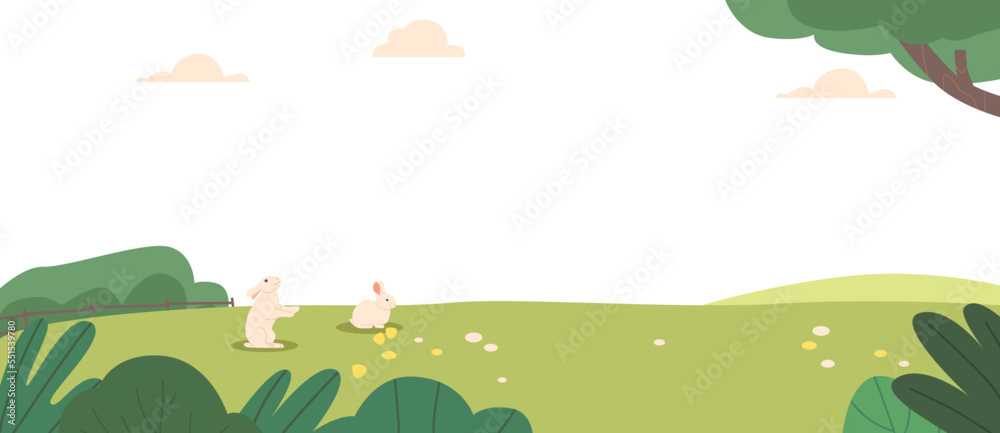 Naklejka premium Cute Rabbits on Green Meadow at Spring Day. Nature Landscape Background with Funny Bunny Animals at Forest Field