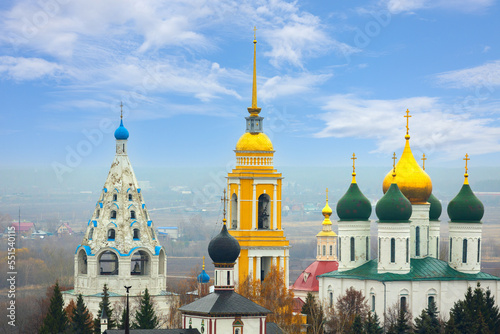 View from bell tower on domes of Orthodox churches and belfry in Kolomna. Historical part of the city of Kolomna in the Moscow region