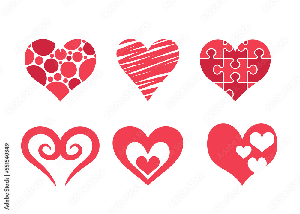 Set of Red Hearts for Valentines Day, Puzzle, Striped, Polka Dots or Swirls Pattern. Love Symbols for Wedding