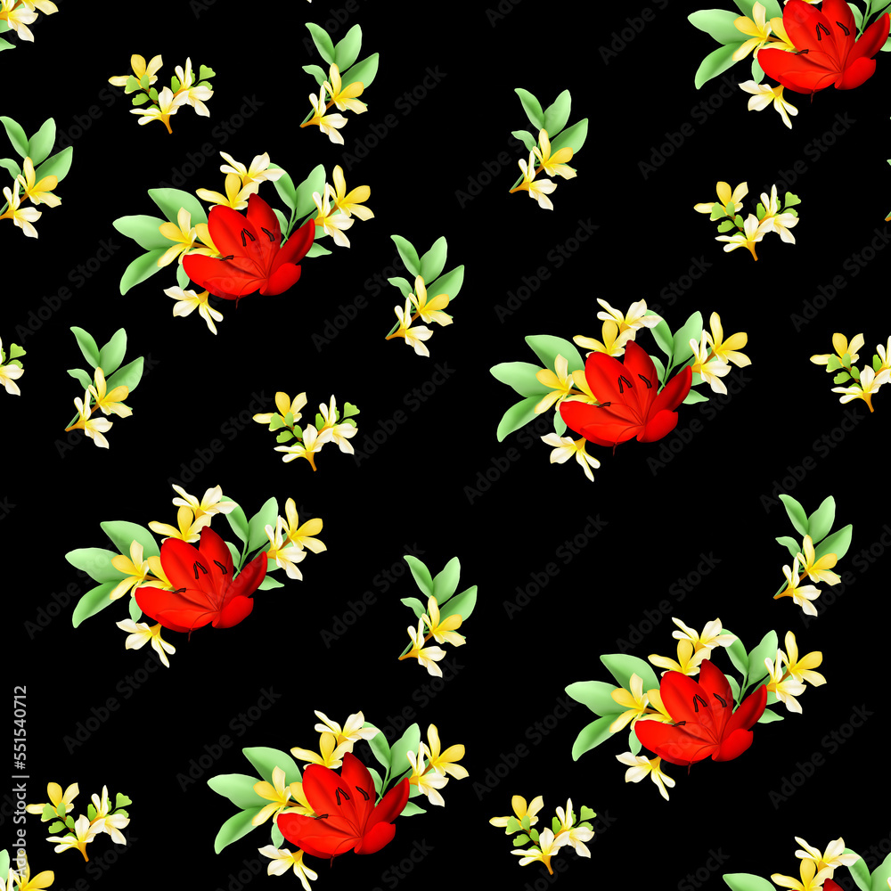 Modern big floral seamless pattern. Digital drawn illustration. Can be used as textile fabric or wallpaper, cards, invitations, decorative paper