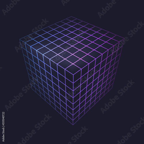 Cube figure, low poly line geometric shape of neon color, isolated vector 3d square hologram. Polygonal mathematics and geometry figures, 3D square lattice