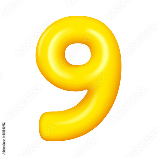 Nine number 3d numeral, third anniversary balloon, wedding greeting cards elegant sign. Vector birthday party font, 9 numeral of golden yellow metal, elegant balloon greeting cards decor