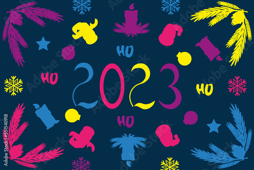 Big banner with 2023 numbers  silhouette of reindeer  santa clause  christmas ball  candle  fir cone  star  snowflake and ho. Template new year marketing material  website  