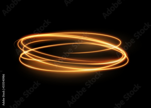 Glowing shiny spiral line effect vector background. Abstract light speed motion effect. Shiny wavy trail. Light painting magic glow. Curly gold spirals, motion of twinkling sparkle rays