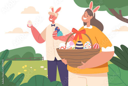 Boy and Girl Characters Finding and Collecting Painted Eggs into Basket in Spring Garden. Happy Kids Celebrate Easter