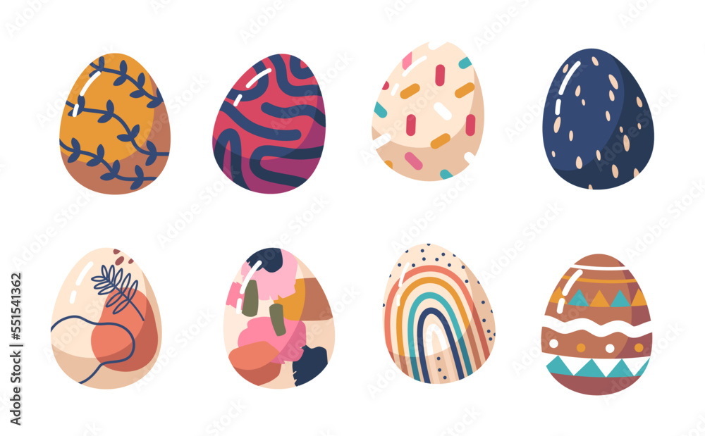 Set of Colorful Easter Eggs with Different Patterns. Holiday Eggs with Zig-Zag, Floral Decoration, Abstract or Rainbow