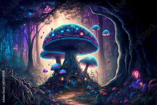 Fantasy and fairytale magical forest with purple and cyan light lighting pathway. Digital painting landscape. photo