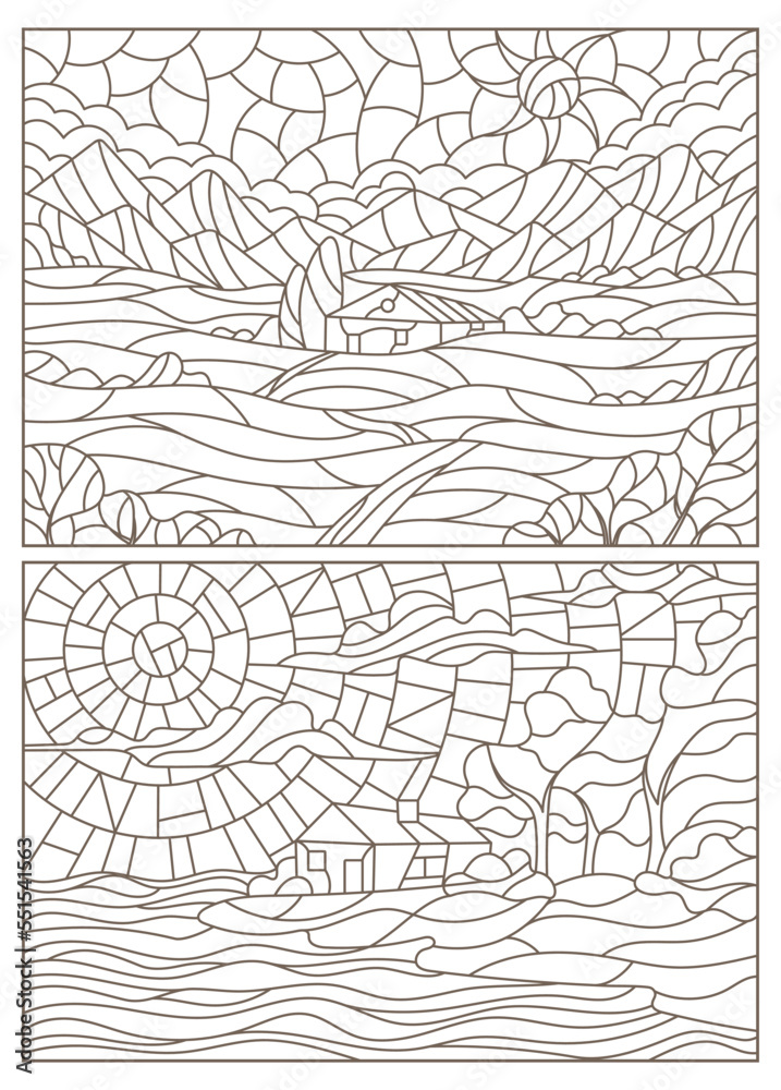 Set contour illustrations of stained glass Windows landscape , lonely houses on a background of nature, dark outlines on a white background