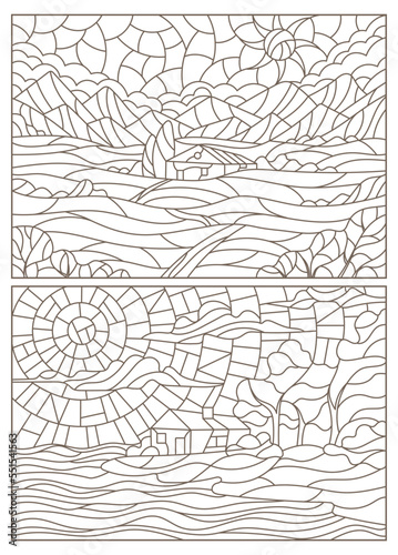 Set contour illustrations of stained glass Windows landscape , lonely houses on a background of nature, dark outlines on a white background