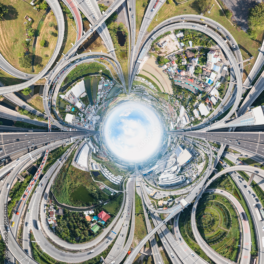 360 Wide Panoramic image of Multilevel junction motorway top view, Road traffic an important infrastructure in Thailand.Expressway Road and Roundabout.Transportation and travel concept.	