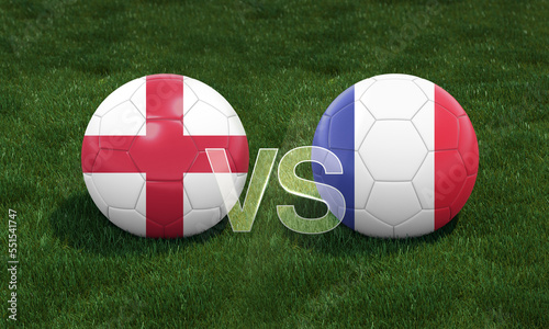 Football with England vs. France 3D ball soccer flags on green football field.