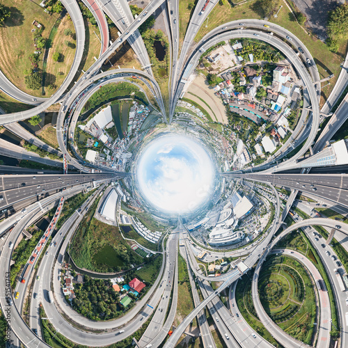 360 Wide Panoramic image of Multilevel junction motorway top view  Road traffic an important infrastructure in Thailand.Expressway Road and Roundabout.Transportation and travel concept. 