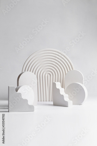 White props for product photography on white seamless background - half-circles, oval doors, rippled arch, zig-zag stairs