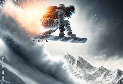 Jumping skier Snowboarding Extreme Winter Sport  High Speed Snow Jump  Skiing at High Speed 3D Illustration  Fictional Character
