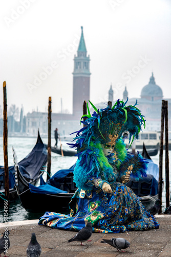 Woman in blue mask feed pigeons. Famous carnival in Venice, Italy