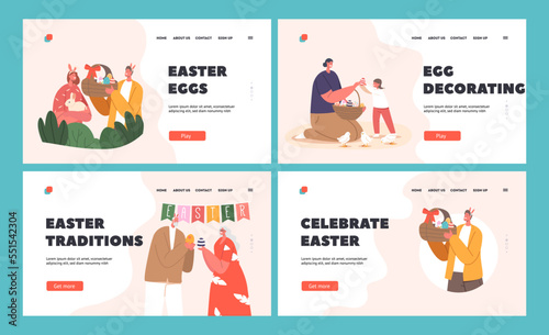 Family Easter Celebration Landing Page Template Set. Parent and Child, Young and Senior Couples with Rabbit and Basket