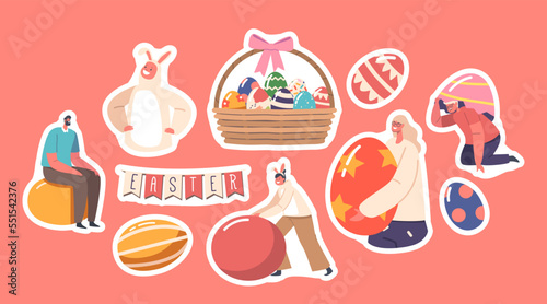 Set of Stickers Happy Family Celebrate Easter. Parents and Children Girls and Boys Wear Rabbit Ears Play and Hunt Eggs