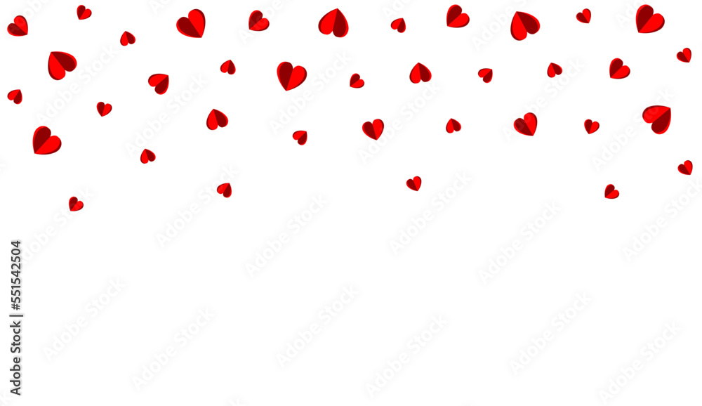 Background consisting of falling, flying small red hearts on a white background, isolated hearts on a white background. Background for lovers, for Valentine's Day. Pattern of chaotic double hearts
