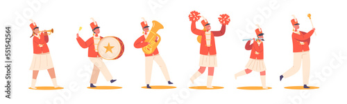 Kids Band In Red Uniform Marching on Parade. Happy Girls And Boys Play Festival Music With Drum, Brass Horn, Flute
