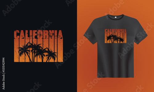  t-shirt design. T shirt print design with palm tree. T-shirt design with typography and tropical palm tree for tee print, apparel and clothing
