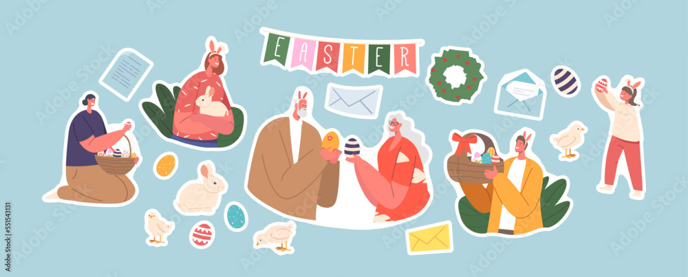 Set of Stickers Happy Family Characters Easter Celebration. Child, Young and Senior Couples with Colorful Eggs, Rabbit