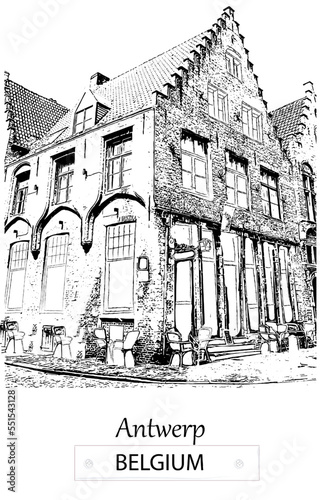 Antwerp cafe street view line art vector vintage