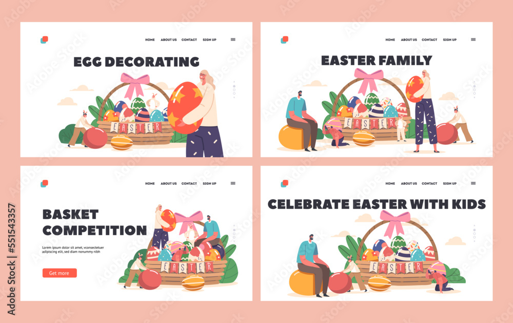 Easter Family Landing Page Template Set. Parents and Children Girls or Boys Wear Rabbit Ears Play and Hunt Eggs