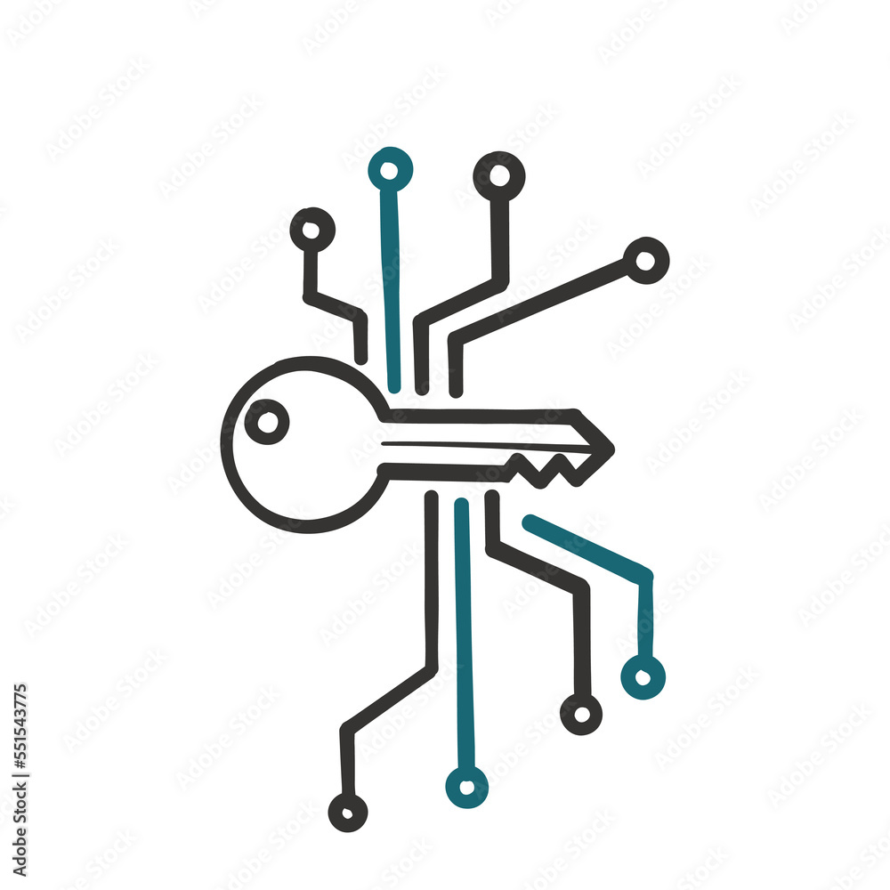 hand drawn doodle digital key with circuit illustration vector hand drawn doodle digital key with circuit illustration vector