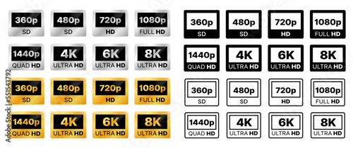 Video resolution icons. Display, monitor or TV definition silver and gold labels, badges, media quality format and 1080p, 4k, ultra HD video resolution and size symbols, monochrome icons or signs