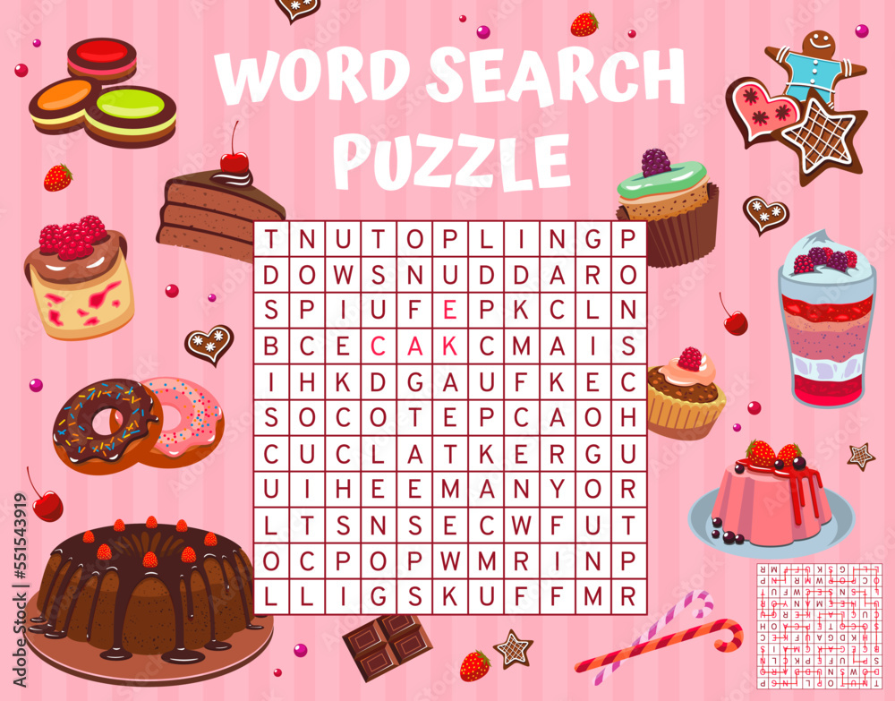 Cartoon cakes, pies and desserts, word search puzzle game worksheet ...