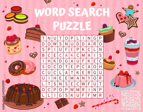 Cartoon cakes, pies and desserts, word search puzzle game worksheet, vector word quiz. Word search riddle to find word of donut and pudding, bakery cakes, cheesecake or pancake with muffin