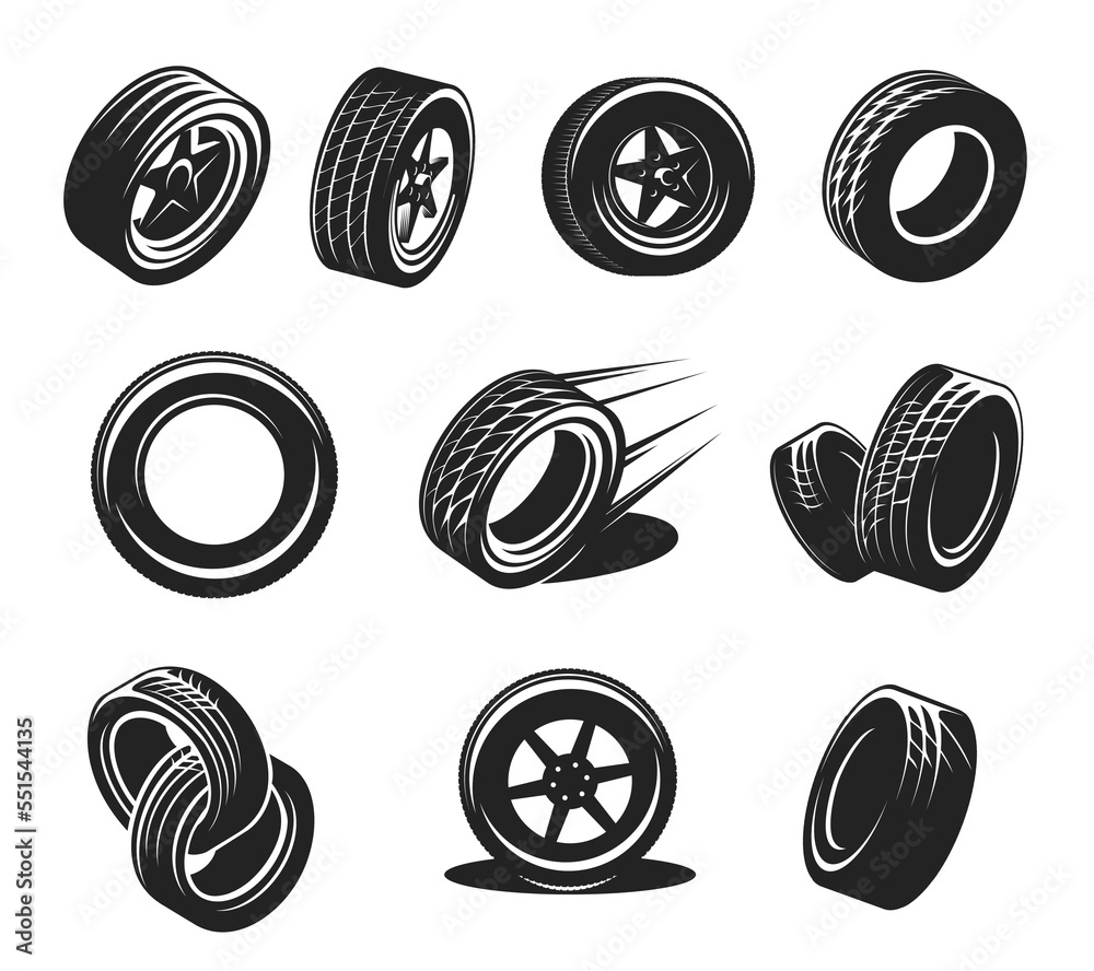 Car tyre icons, wheel tire, rim disk monochrome vector retro symbols