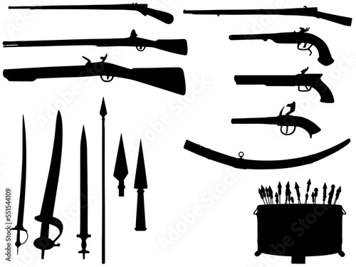Old weapons silhouette, war type of weapon,