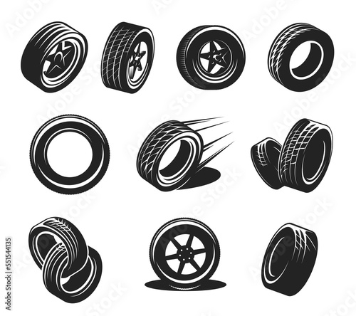 Car tyre icons, wheel tire, rim disk monochrome vector retro symbols. Automobile spare parts, repair service shop vintage graphic icons with vehicle, sport car rubber black tyres