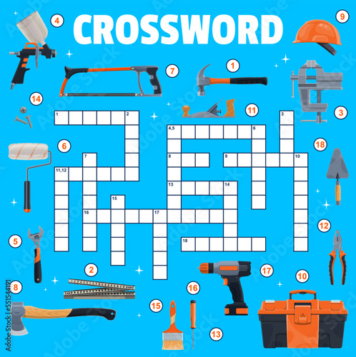 Construction industry and DIY tools crossword grid. Find a word quiz game. Vector worksheet with hammer, screwdriver, wrench, pliers, and paint brush, roller, drill, saw, trowel, screw, helmet or vice