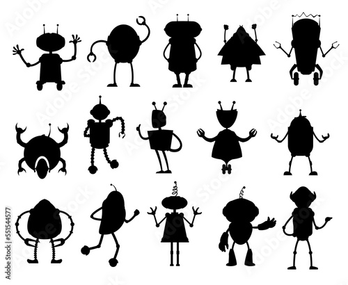 Robots and droids silhouettes. Alien droids, future cyborg characters or chat bots vector silhouettes set. Artificial intelligence humanoid machines, robotic monsters or invaders symbols