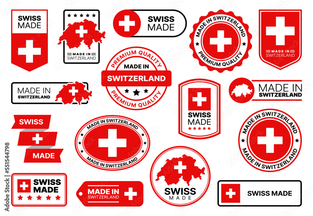 Made in Switzerland. Swiss quality icons, labels with flag. European nation, Switzerland country manufacturer product quality warranty certificate vector stamps, emblems or tags, certified seals