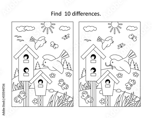 Find 10 differences visual puzzle and coloring page with birdhouses and birds feeding their nestlings

 photo