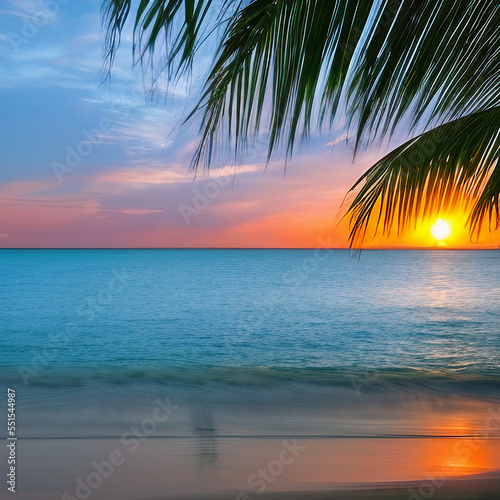 Palm tree on the calm beach; Closeup sea sand beach. Panoramic beach landscape. Golden sunset