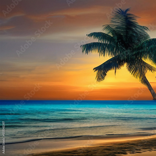 Beautiful sunset on the tropical beach with palms and turquoise ocean. Panoramic view. 