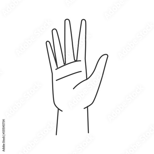 Human open palm with fingers, isolated hand gesture with fingers up. Non verbal communication sign. Stop or greeting, waving arm during meeting. Vector outline icon in flat style