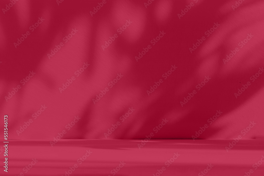 Abstract gradient blue studio background for product presentation. Empty room with shadows of window and flowers and palm leaves . 3d room with copy space. Trendy Color of the Year 2023 viva magenta - obrazy, fototapety, plakaty 