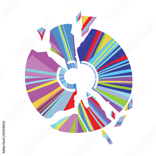 Broken compact cd cassette vector illustration isolated on plain white background. Cool circle shaped, destroyed and wrecked cd with simple rainbow multicolored cartoon art style drawing.
