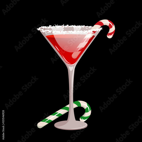 Red martini with sugar cane. Christmas martini with a sugar cane rim.A festive cocktail.