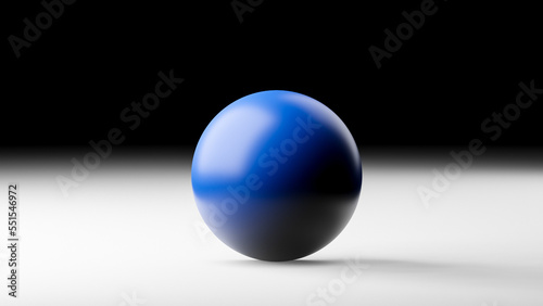 One single blue ball or globe on white flat surface against black background with copy space for text, 3D illustration rendering