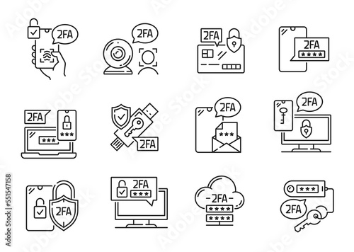 Two factor verification icons, 2FA password in mobile phone sms login, vector codes. 2 step authentication on computer or laptop to verify access security via smartphone for user privacy, line icons photo