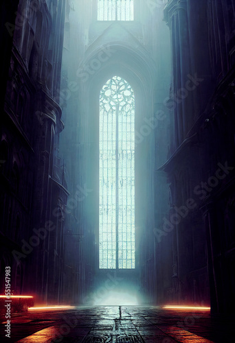 Interior of derelict church with tall window